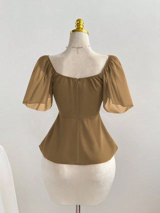 Square Neck Pleated Waist Flared Hem Women Top