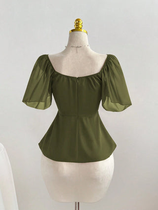 Square Neck Pleated Waist Flared Hem Women Top
