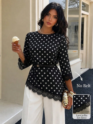Polka Dot Lace Patchwork Round Neck Top