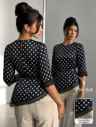 Polka Dot Lace Patchwork Round Neck Top