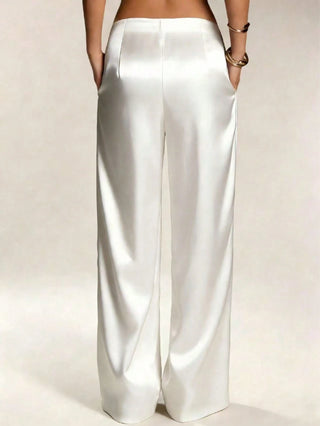 Solid Color Satin Pocket Zipper Long Pants