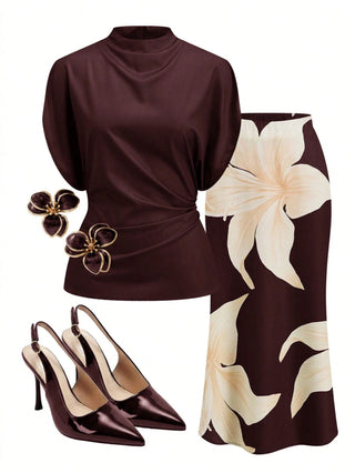Pleated Top And Floral Print Skirt