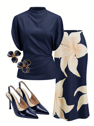 Pleated Top And Floral Print Skirt