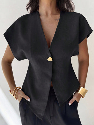 V-Neck Single-Breasted Asymmetric Hem Sleeveless Top