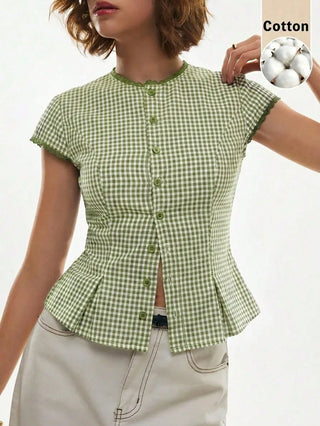 Lace-Trim Peplum Button-Down Blouse
