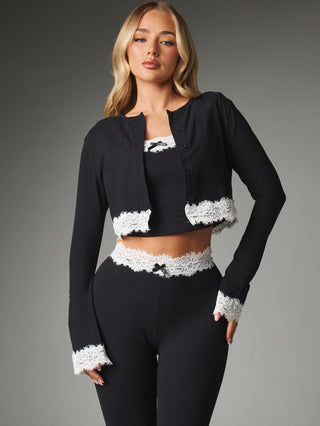 Lace Trim Crop Cardigan And Cropped Leggings Co-Ord Set