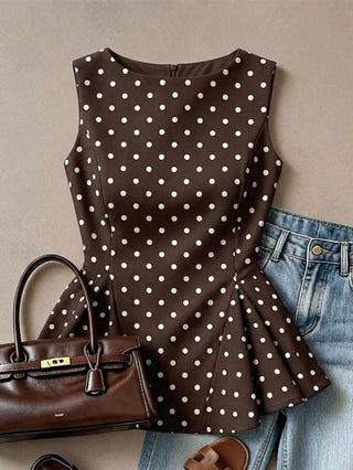 Retro Polka Dot Sleeveless Fitted Waist A-Line Blouse