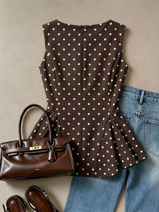 Retro Polka Dot Sleeveless Fitted Waist A-Line Blouse