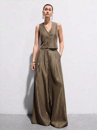 Satin Sleeveless Tailored Vest High-Waisted Wide-Leg Pants Suit