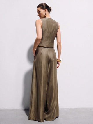 Satin Sleeveless Tailored Vest High-Waisted Wide-Leg Pants Suit