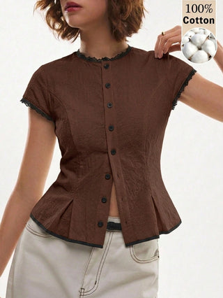 Lace-Trim Peplum Button-Down Blouse
