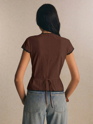 Lace-Trim Peplum Button-Down Blouse