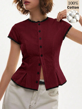 Lace-Trim Peplum Button-Down Blouse
