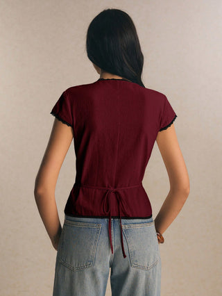 Lace-Trim Peplum Button-Down Blouse