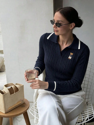 Bear Embroidery Collar Knit Sweater