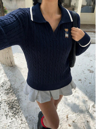 Bear Embroidery Collar Knit Sweater