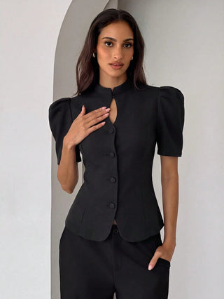 Elegant Petal Sleeve Button Cutout Blazer