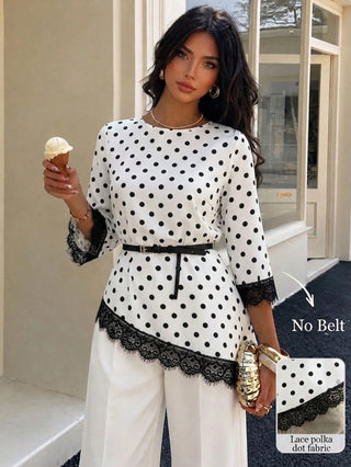 Polka Dot Lace Patchwork Round Neck Top
