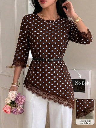 Polka Dot Lace Patchwork Round Neck Top