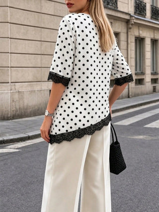 Polka Dot Lace Patchwork Round Neck Top