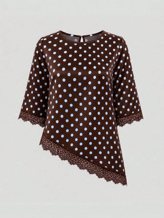 Polka Dot Lace Patchwork Round Neck Top