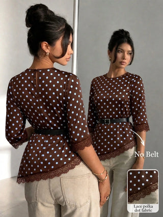 Polka Dot Lace Patchwork Round Neck Top