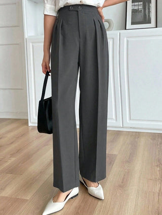 Solid Color Pleated Straight Leg Business Casual Pants