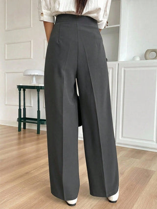 Solid Color Pleated Straight Leg Business Casual Pants