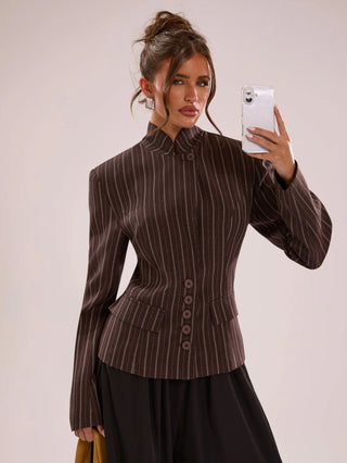 Wide Shoulder Cinched Waist Utility Pocket Decor Short Long Sleeve Blazer