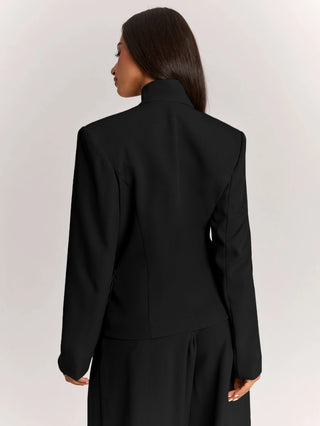 Wide Shoulder Cinched Waist Utility Pocket Decor Short Long Sleeve Blazer