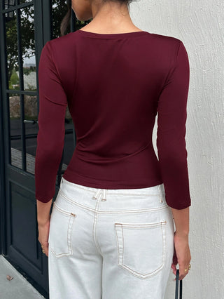 Deep V-Neck Back To School Mid-Sleeve Fitted T-Shirt