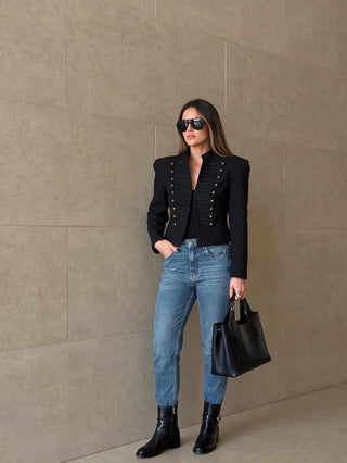 Military Style Blazer Jacket With Braided Trim And Puff Cuffs