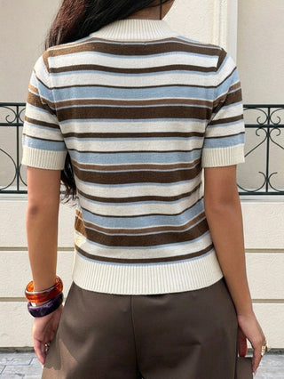 Solid Color Turtleneck Short Sleeve Knit Top