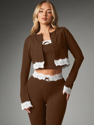 Lace Trim Crop Cardigan And Cropped Leggings Co-Ord Set