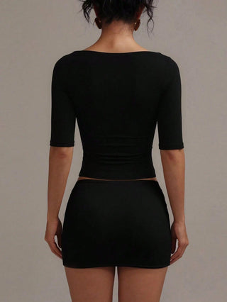 Wide Square Neck Elbow Sleeve Cropped Top