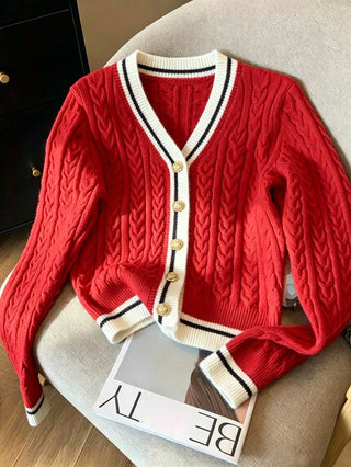 Striped Contrast Color Gold Button Knit Cardigan