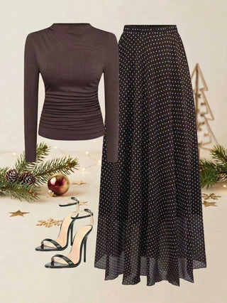 Solid Crew Neck Pleated Fitted Long Sleeve T-Shirt + Leopard Print Skirt