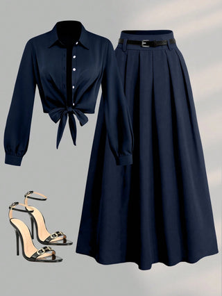 Long Sleeve Short Blouse With Tie + Pleated Waistband Design Long Skirt
