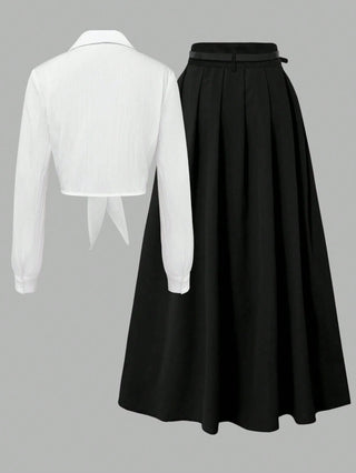 Long Sleeve Short Blouse With Tie + Pleated Waistband Design Long Skirt
