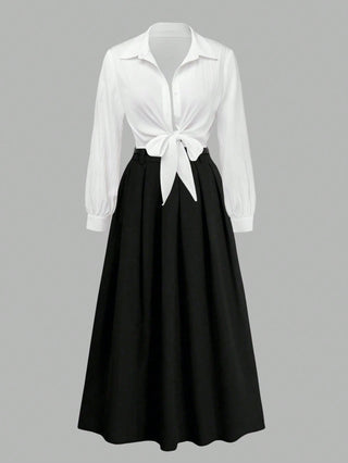 Long Sleeve Short Blouse With Tie + Pleated Waistband Design Long Skirt