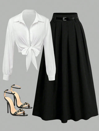 Long Sleeve Short Blouse With Tie + Pleated Waistband Design Long Skirt