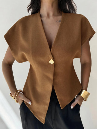 V-Neck Single-Breasted Asymmetric Hem Sleeveless Top