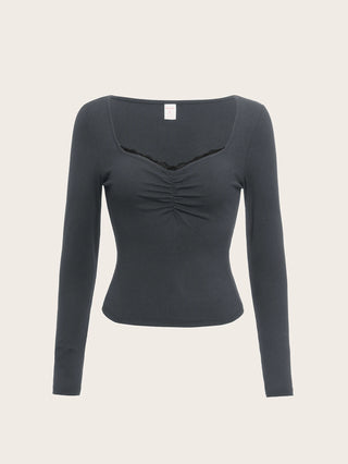 Lace Sweetheart Neck Pleated Long Sleeve T-Shirt