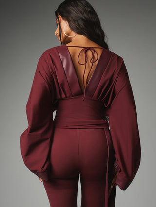 Deep Plunge Bell Sleeve Crop Blouse With Faux Leather