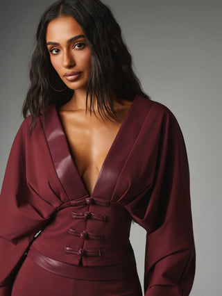 Deep Plunge Bell Sleeve Crop Blouse With Faux Leather