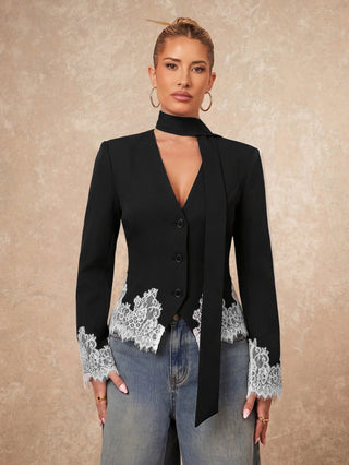 Color Block Black Lace Design Blazer
