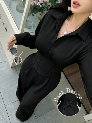 Lapel Long Sleeve Top, Cinched Waist Design, Back Tie, High Waist Wide Leg Pants