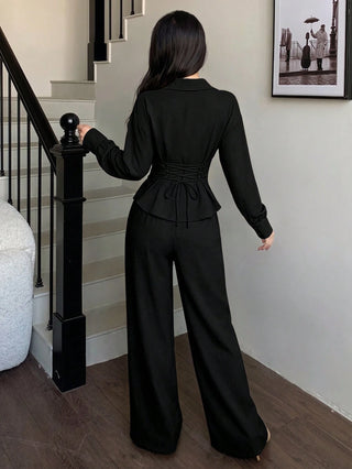 Lapel Long Sleeve Top, Cinched Waist Design, Back Tie, High Waist Wide Leg Pants