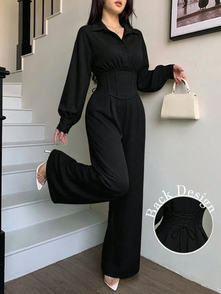 Lapel Long Sleeve Top, Cinched Waist Design, Back Tie, High Waist Wide Leg Pants