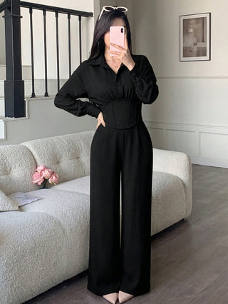 Lapel Long Sleeve Top, Cinched Waist Design, Back Tie, High Waist Wide Leg Pants